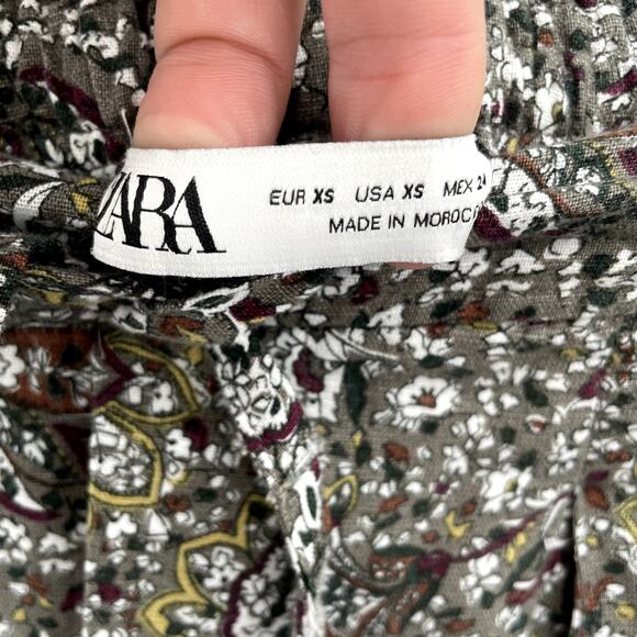 ZARA NWT Casual Olive Green Floral Print Elastic Waist Tie Waist Pants // XS - Picture 4 of 7